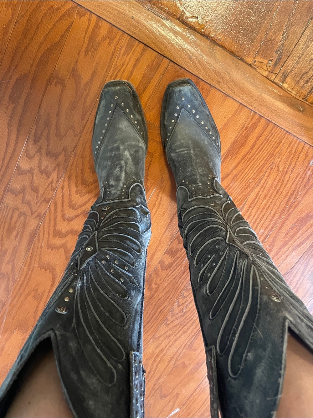 LIBERTY Black leather Studded Western Knee-High Boots